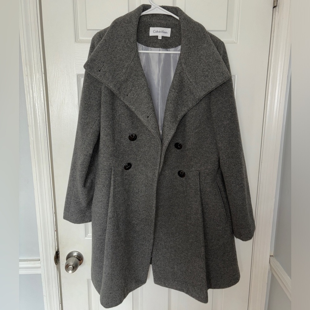 Calvin Klein Wool Blend Pea Coat Trench Coat Overcoat Heavy Warm size 10 Grey